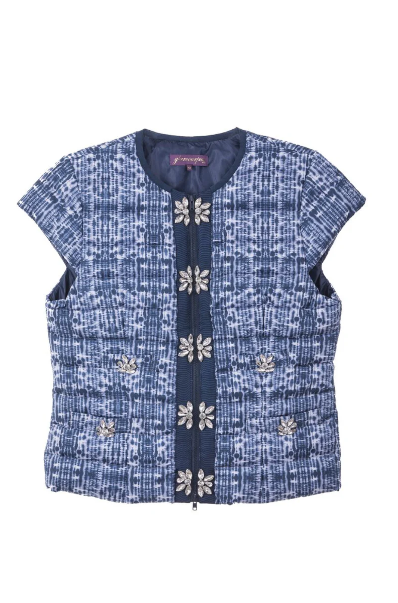 Blue embroidered vest on a white background