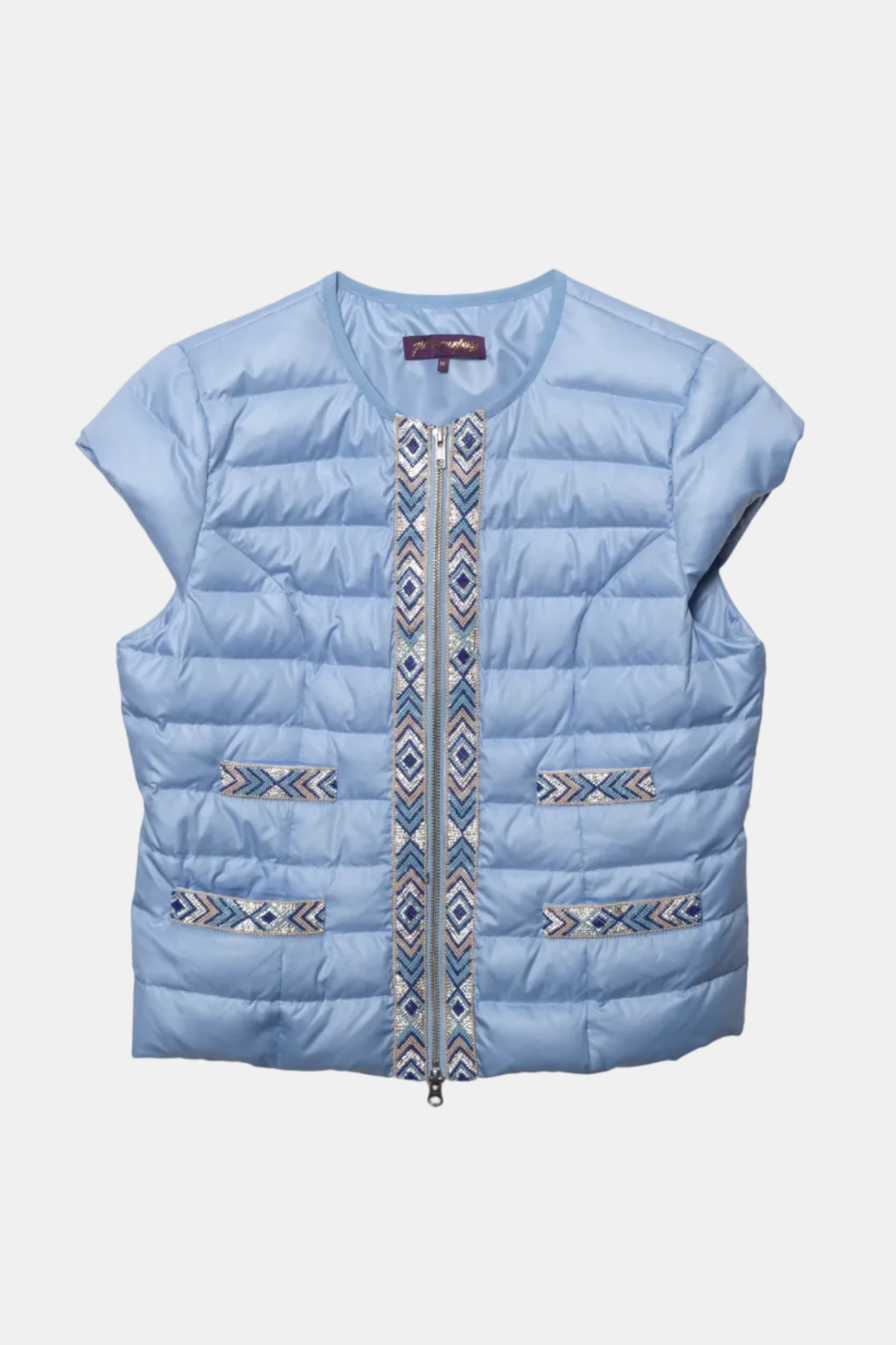 Light blue puffer vest with a zipper and pattern on a white background