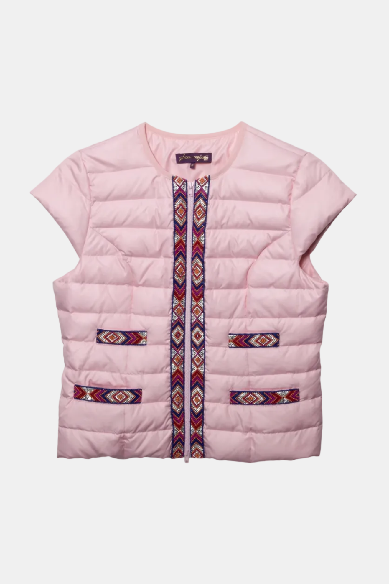 Pink puffer vest with patterned zipper on a white background