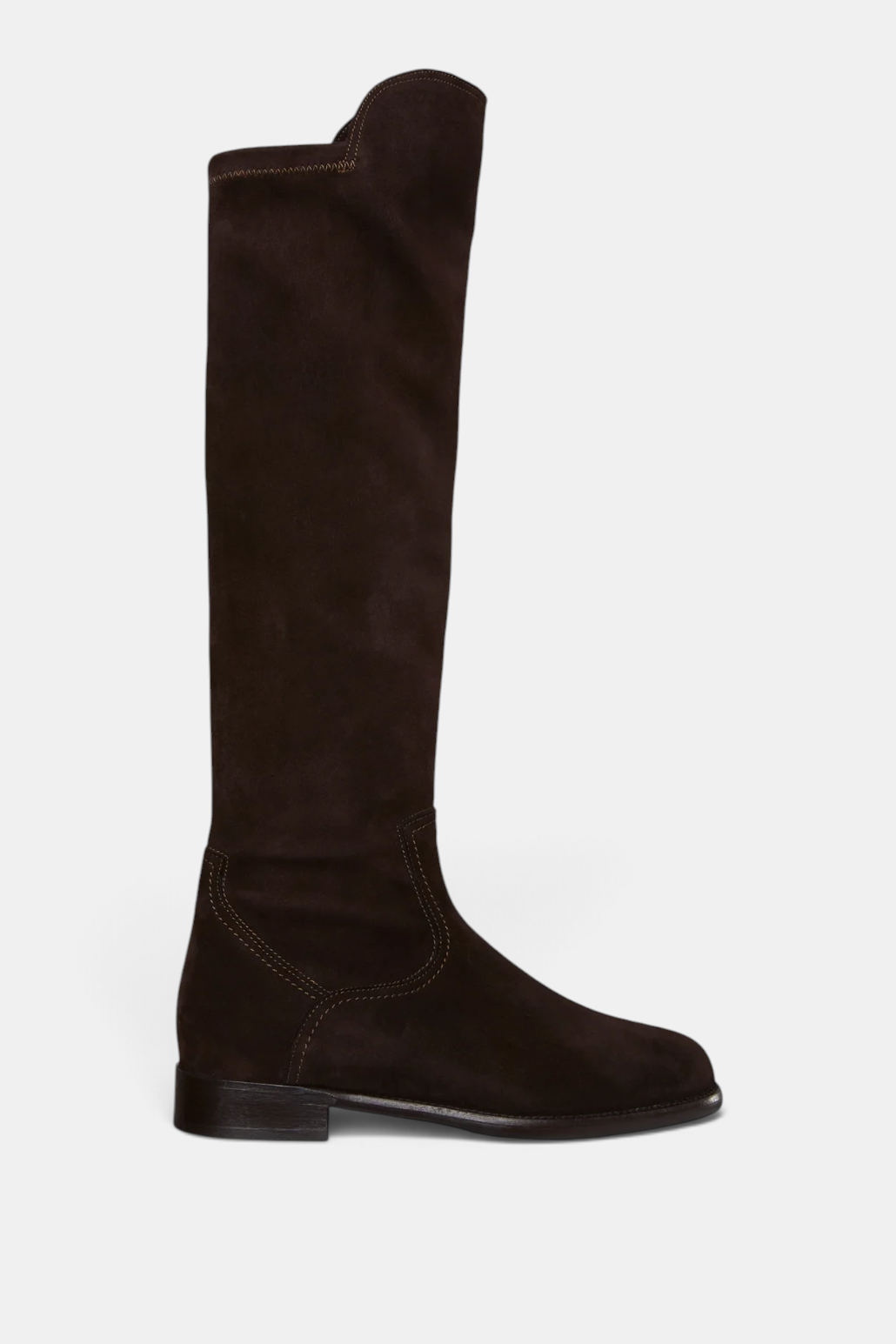 The Copper Shed dark brown stretch kid suede pull-on knee-high boots with a low stacked block heel.