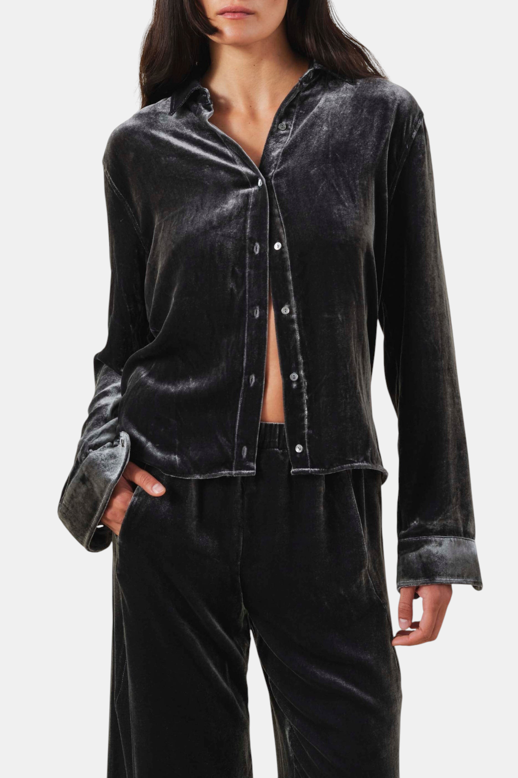 The Copper Shed Iliana08 charcoal grey velvet button-down blouse with a relaxed fit and long sleeves.