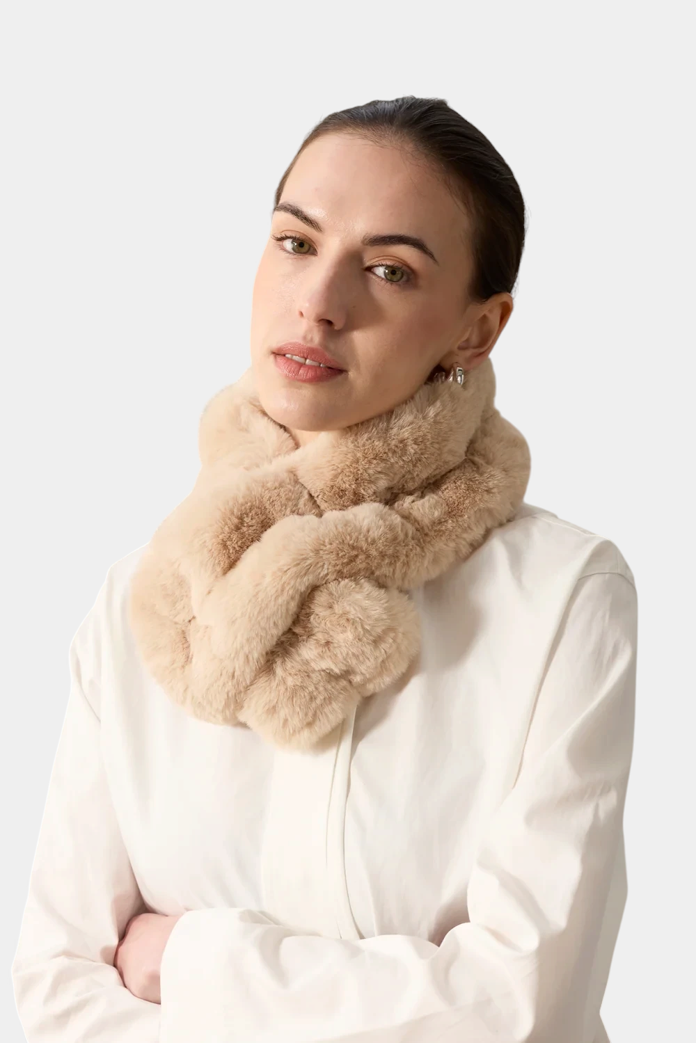 The Copper Shed beige faux fur ruffle scarf with stretch-gathered texture and elasticated loop closure.