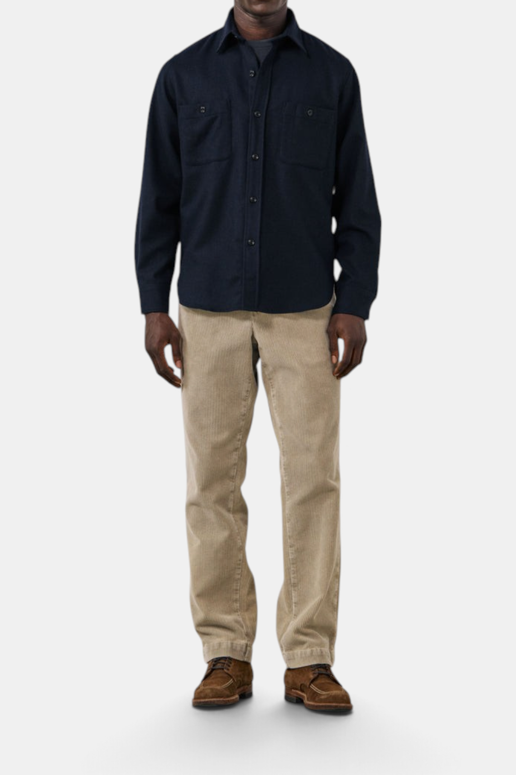The Copper Shed navy blue boiled wool flannel shirt with chest pockets and buttoned cuffs worn with beige trousers.
