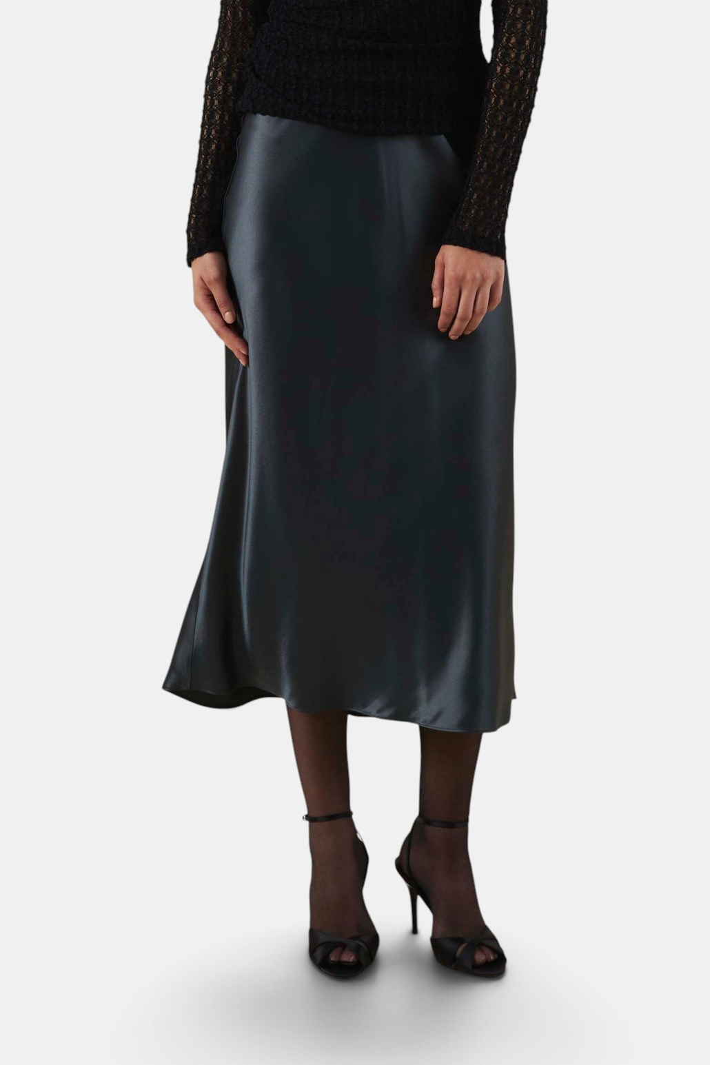 The Copper Shed Ella skirt in dark grey satin with a bias-cut silhouette and high-rise waist.