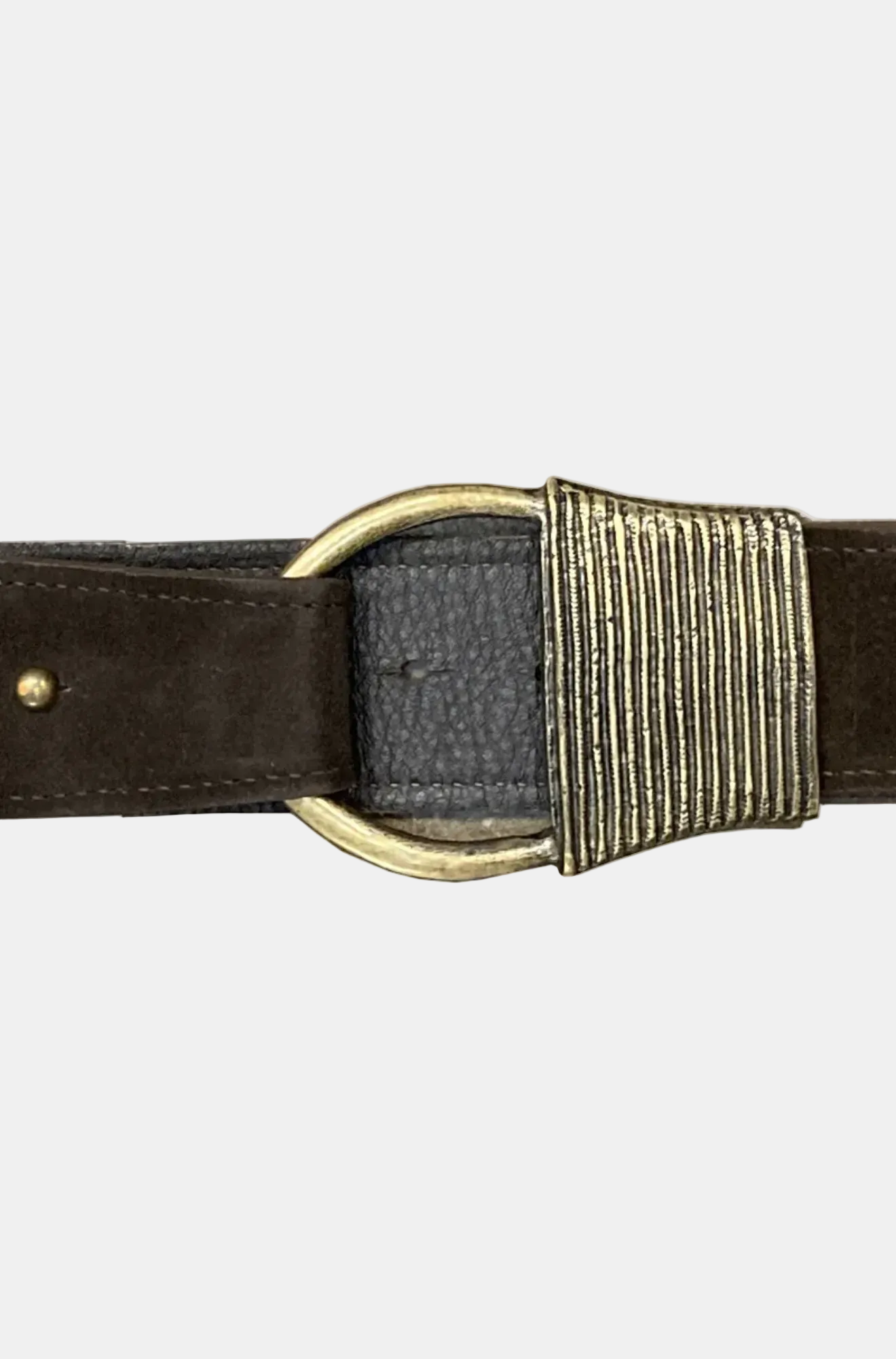 A close-up of a dark brown leather belt featuring a unique textured, ribbed brass buckle on a plain white background.