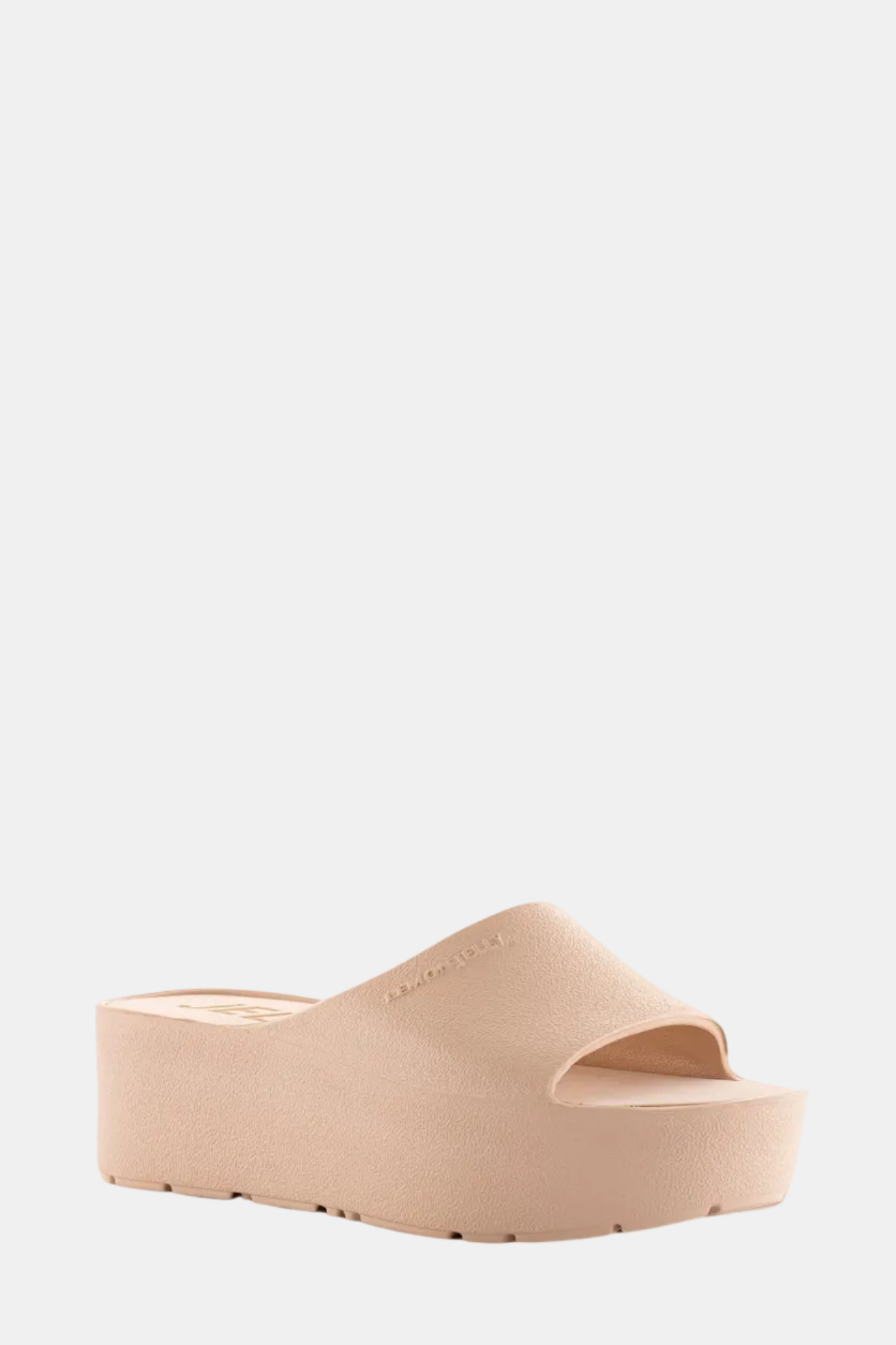 A black platform sandal with an open-toe design and a metallic glow.