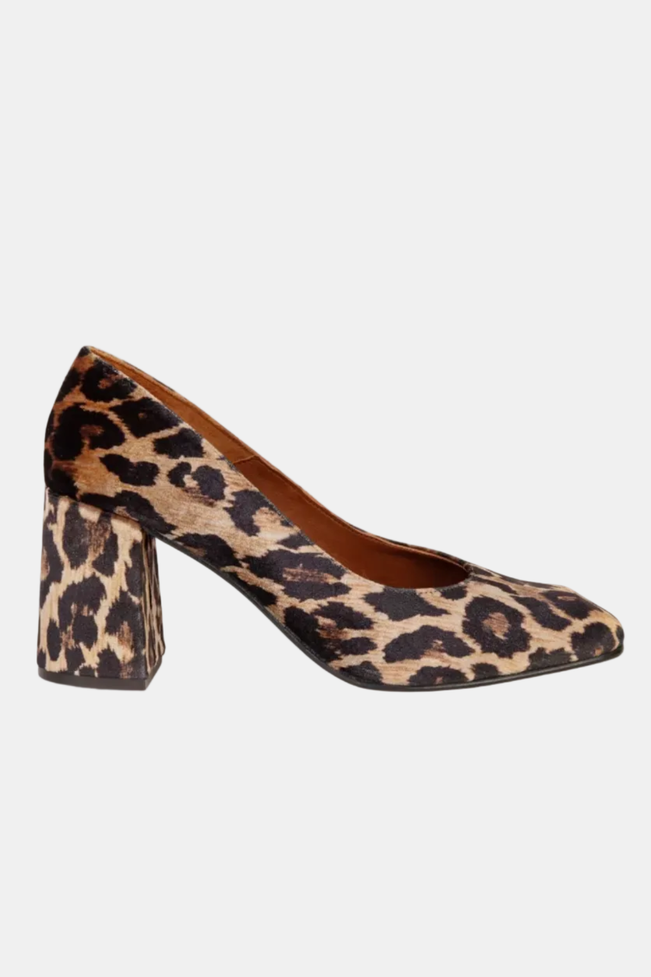 Leopard print high heel shoe on a white background