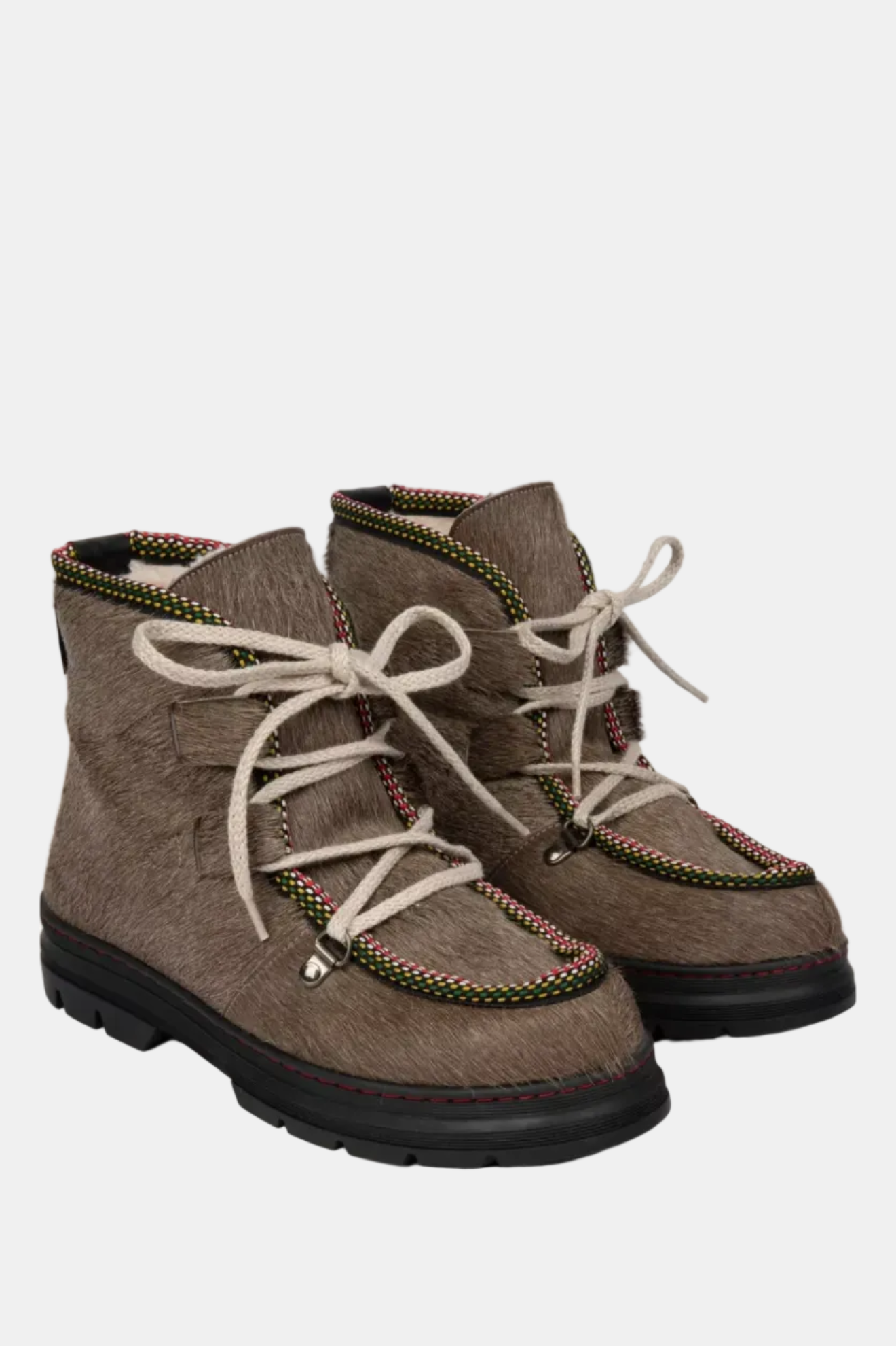 A pair of brown textured lace-up boots with off-white laces and decorative green and red trim, shown against a plain white background.
