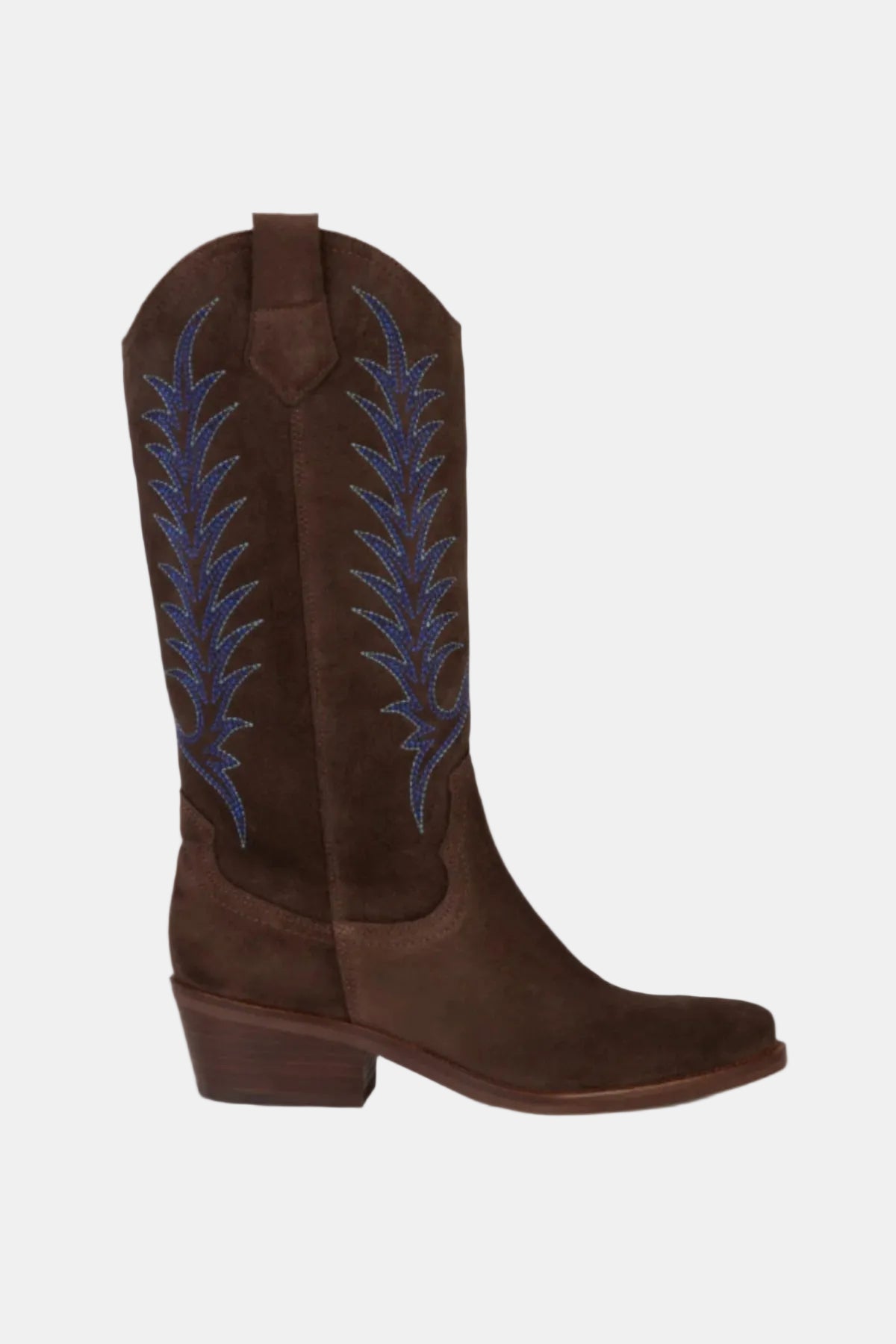 Brown cowboy boot with blue embroidery on a white background