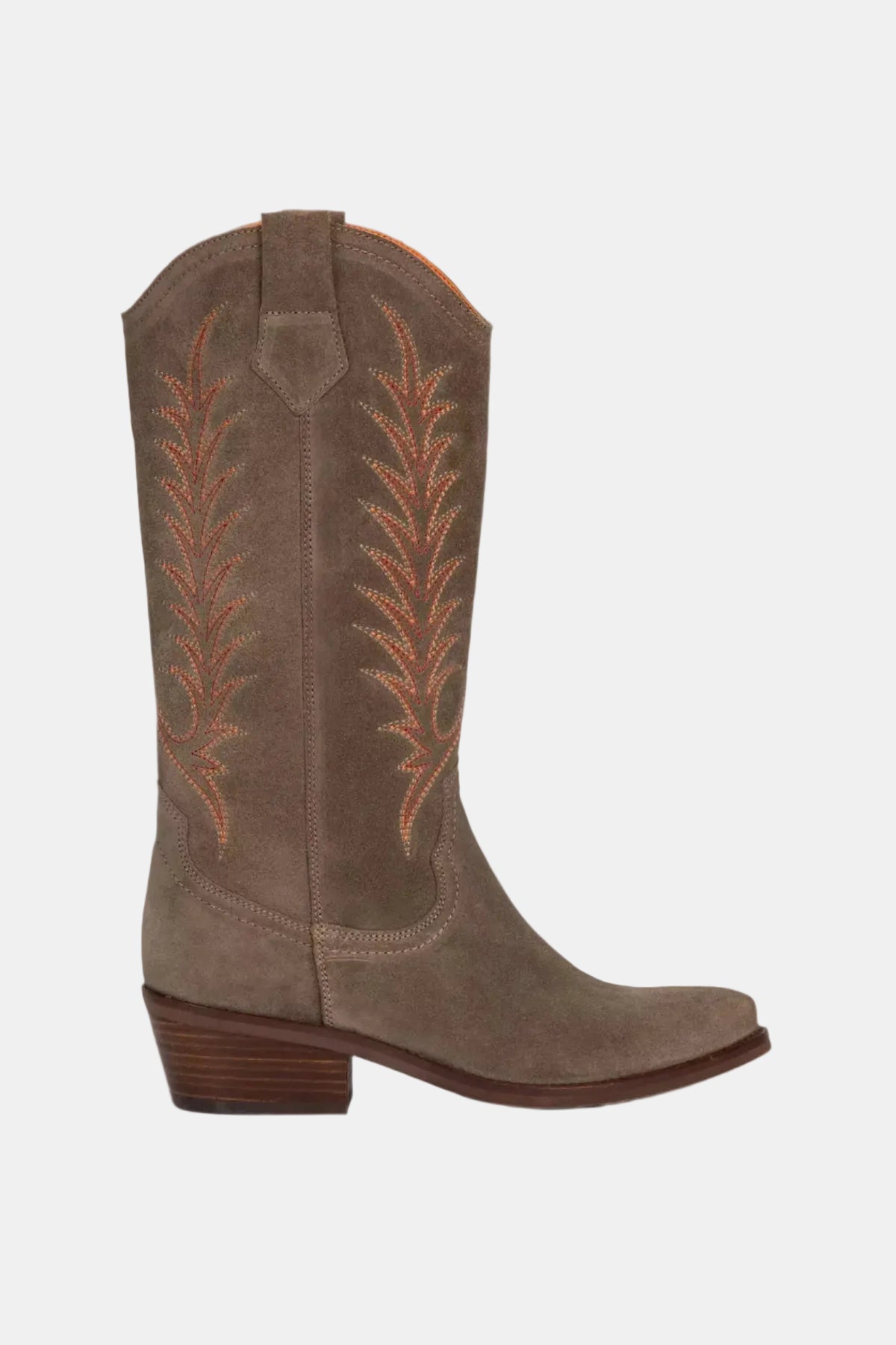 Brown cowboy boot with intricate orange stitching on a white background