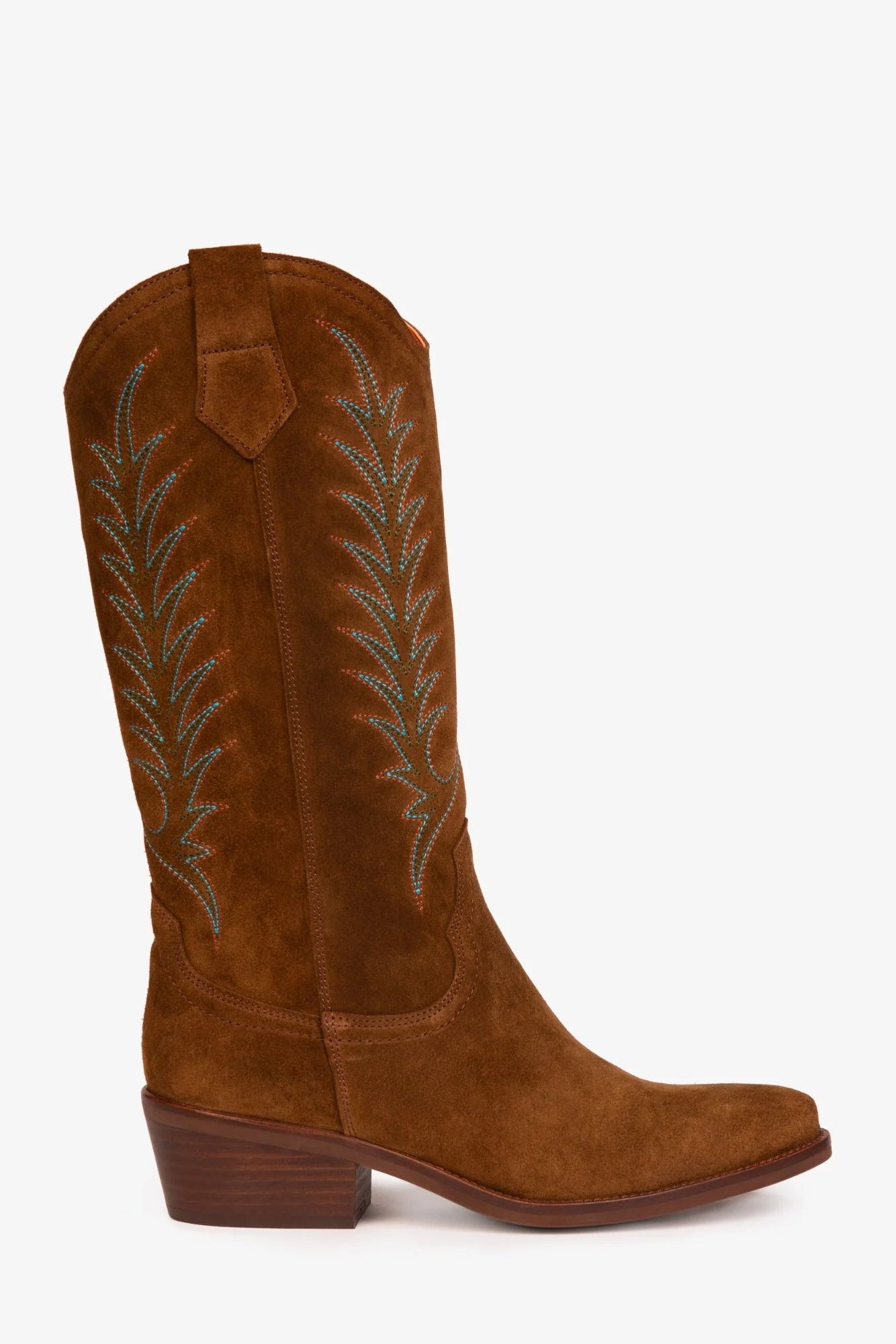 Brown cowboy boot with intricate stitching on a white background