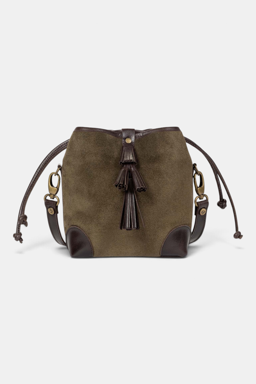 The Copper Shed khaki suede crossbody bag with bitter chocolate leather trim and a tiered tassel detail.