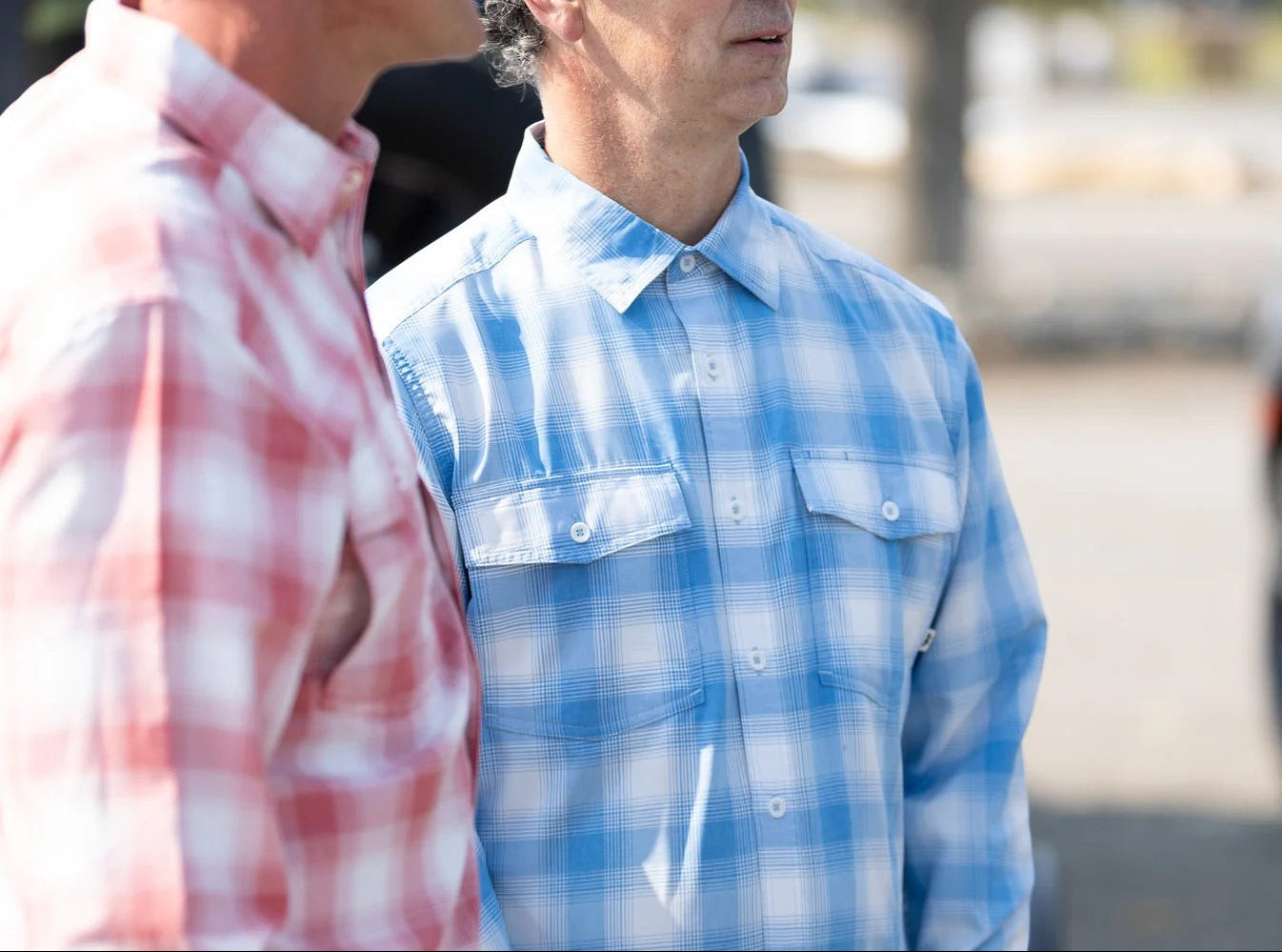 The 3bird Kingfisher LS Shirt in blue and white plaid, a lightweight performance stretch woven shirt with UPF 50+ protection.