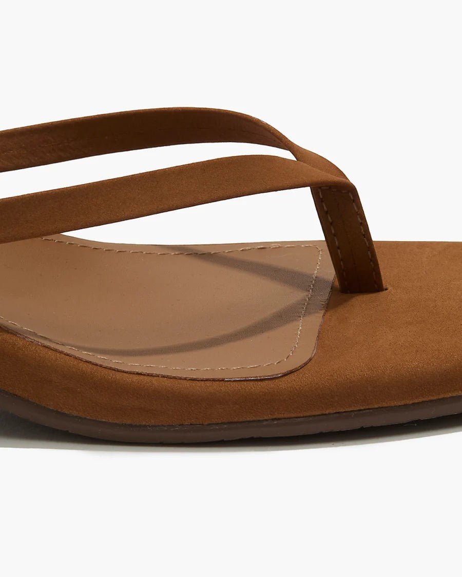 The TKEES Square Toe Julia Suede sandals in tan, featuring a low heel and thong strap design.