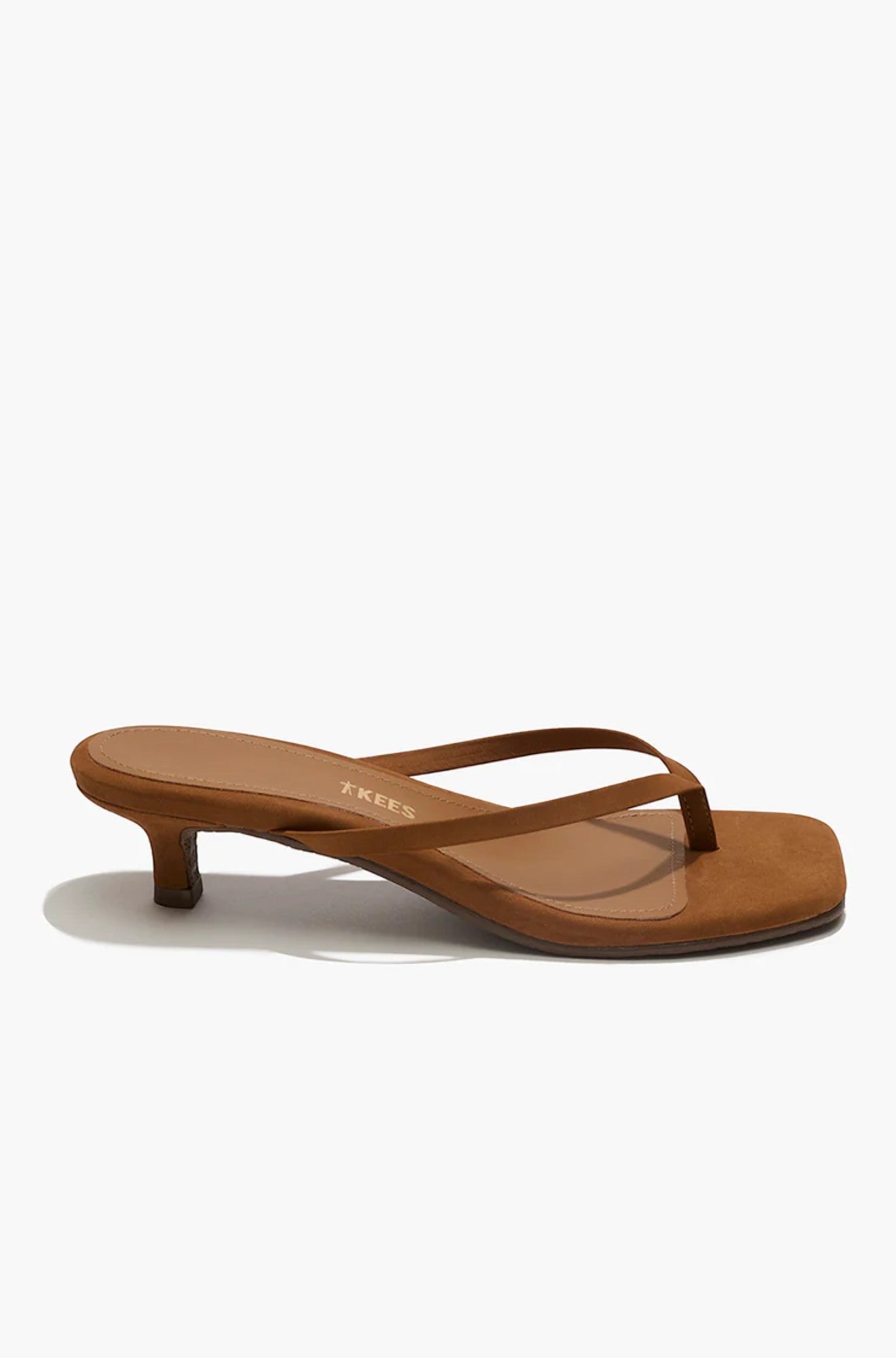 The TKEES Square Toe Julia Suede thong sandals in tan with a low kitten heel and thin straps.