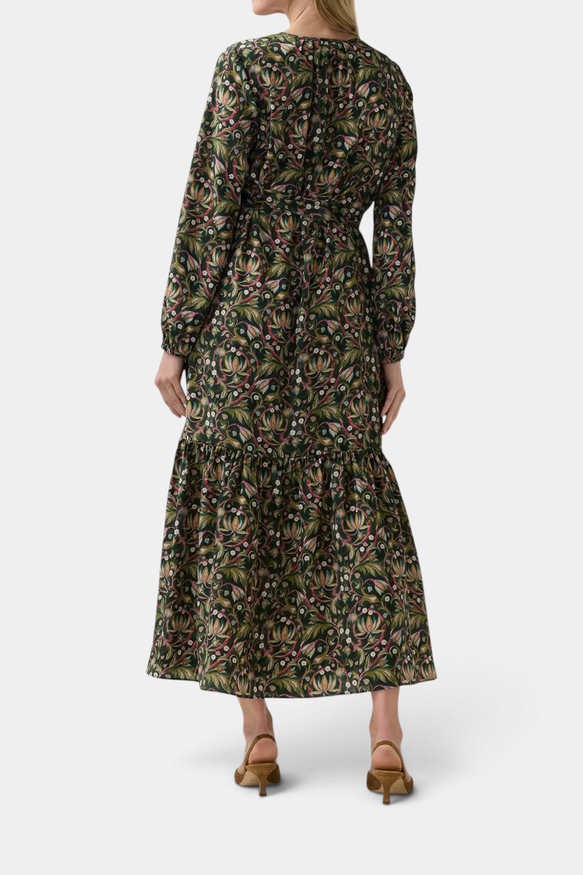 Back view of The Copper Shed Aba maxi dress in green floral Liberty Fabric silk twill with long sleeves and tie belt