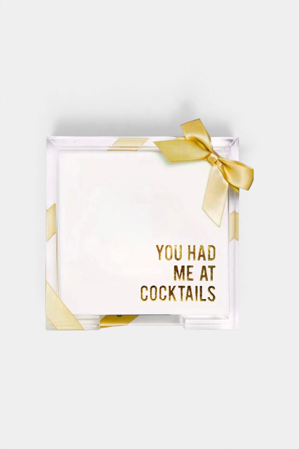 The Copper Shed acrylic hostess set with clear tray and guest towels featuring gold foil You Had Me At Cocktails text