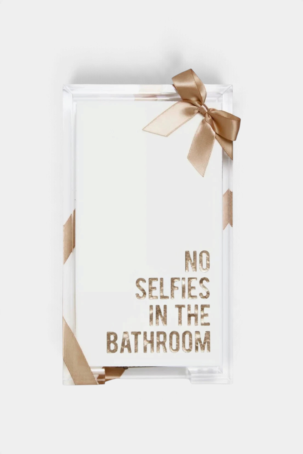 The Copper Shed acrylic hostess tray with white guest towels featuring gold foil No Selfies In The Bathroom text.