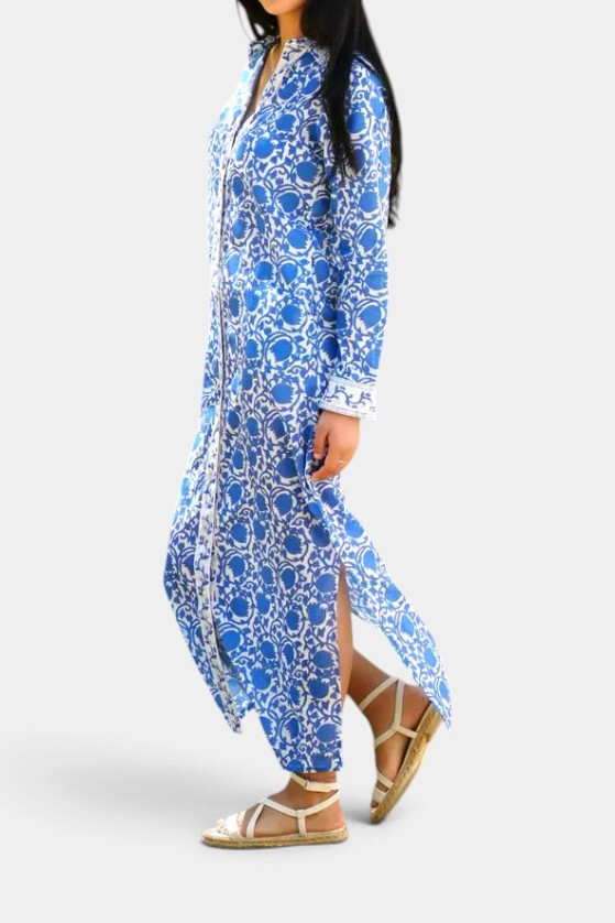The Copper Shed Adriana blue and white floral print cotton maxi shirt dress with long sleeves and side slits