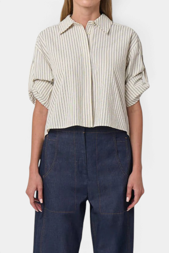 The Copper Shed Alex cropped seersucker shirt with striped pattern, roll-tab sleeves, and fly front design.