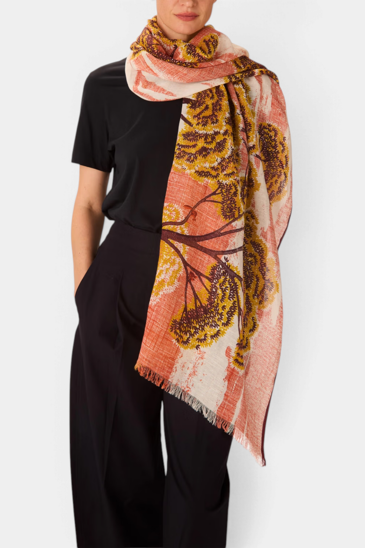 The Copper Shed Ambroise scarf in linen and cotton blend with a hand-printed orange and yellow tree pattern