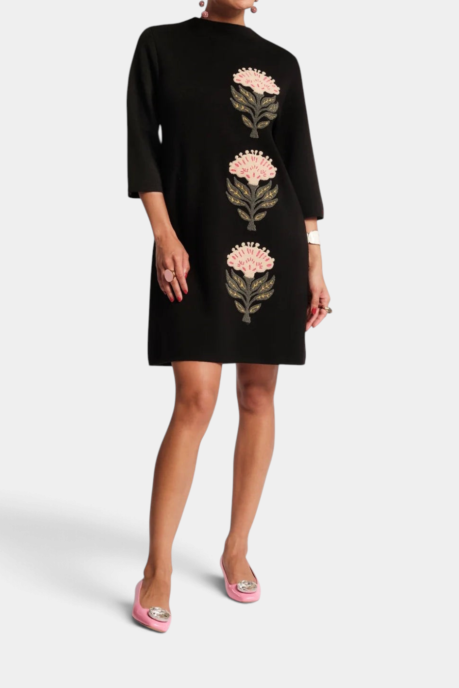 The Copper Shed Annie merino wool-blend black mini dress with three-quarter sleeves and pink floral embroidery