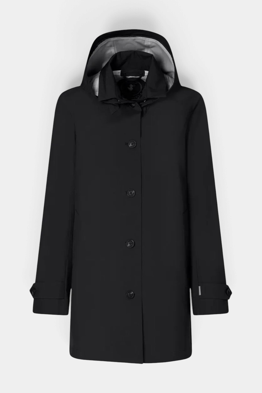 The Copper Shed April black hooded raincoat with a pointed collar, button front, and water-repellent polyester finish.