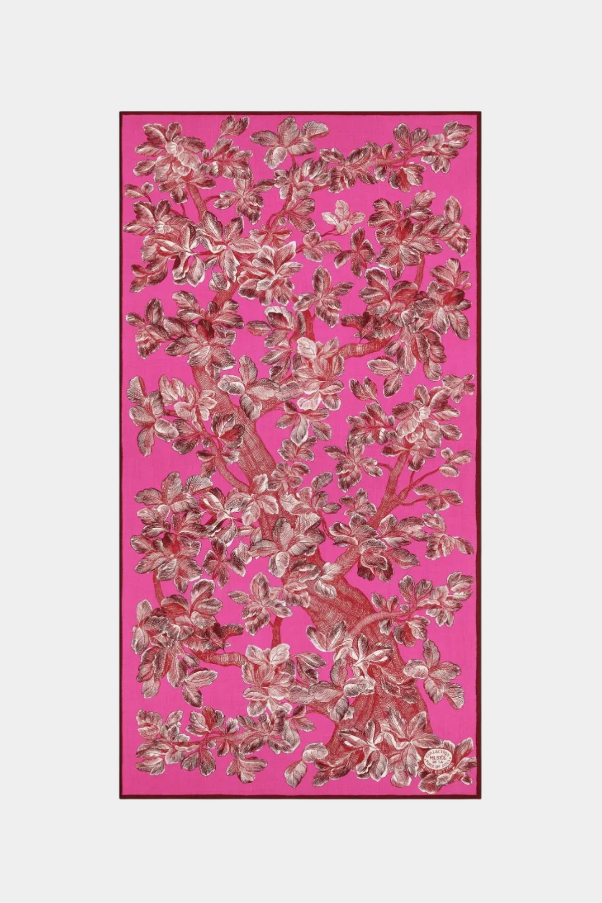 The Copper Shed Arboris fuchsia wool scarf featuring a detailed white tree print and a dark border.