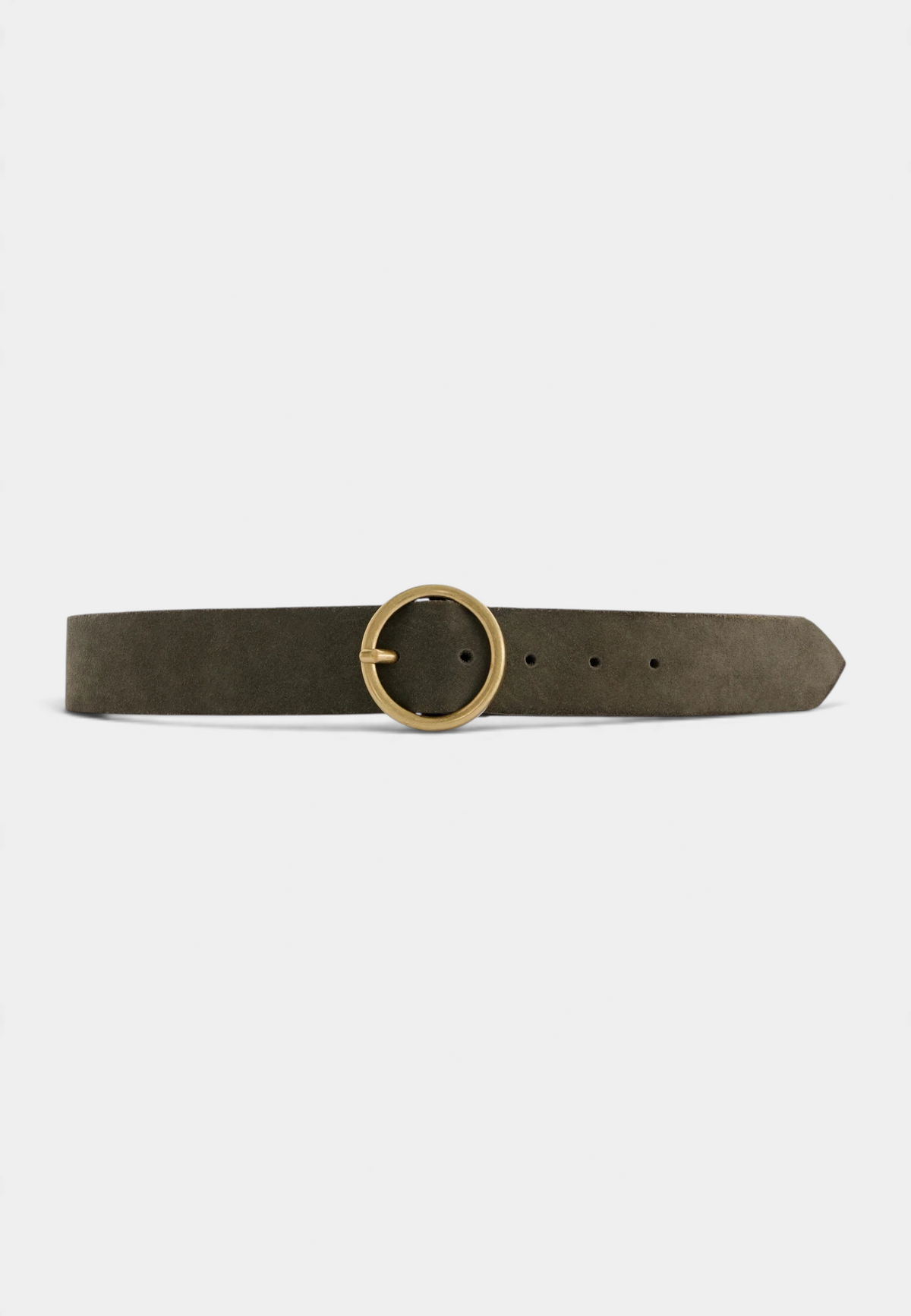 The Copper Shed Aronde women's olive green suede belt with a round gold-tone buckle, made in Italy.