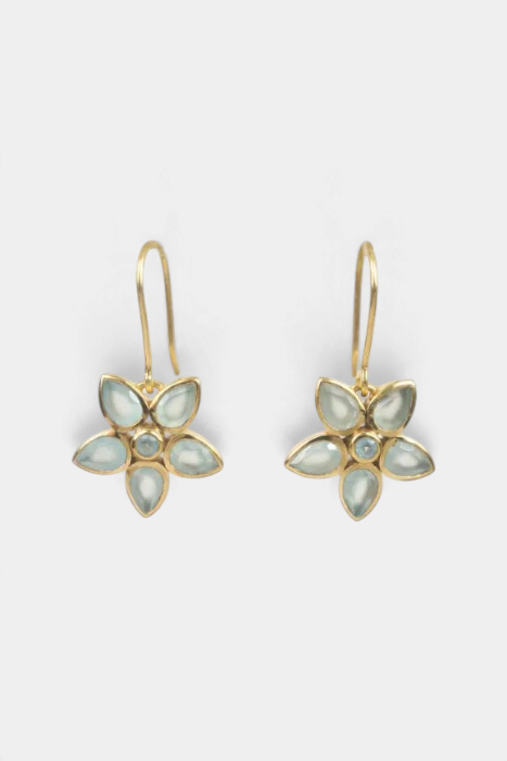 The Copper Shed Astrid flower earrings featuring light blue semi-precious gemstones and 14k gold plated ear wires.