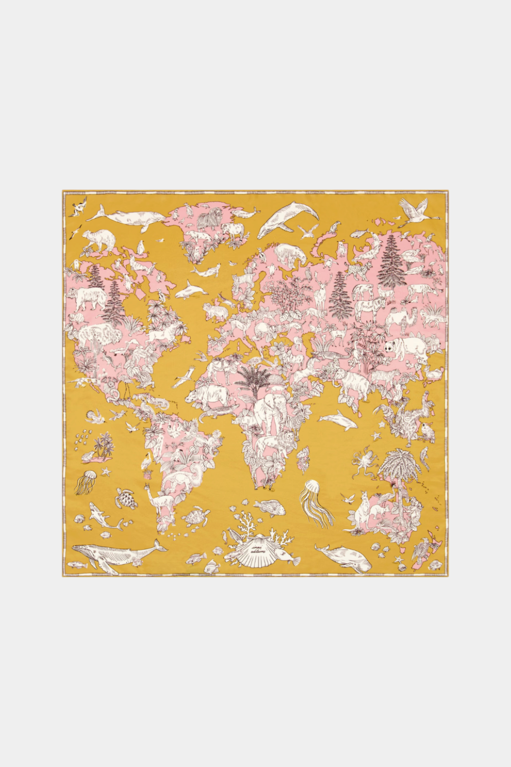 The Copper Shed Square 70 Atlas silk scarf in mustard yellow and pink with a detailed world map and animal print.