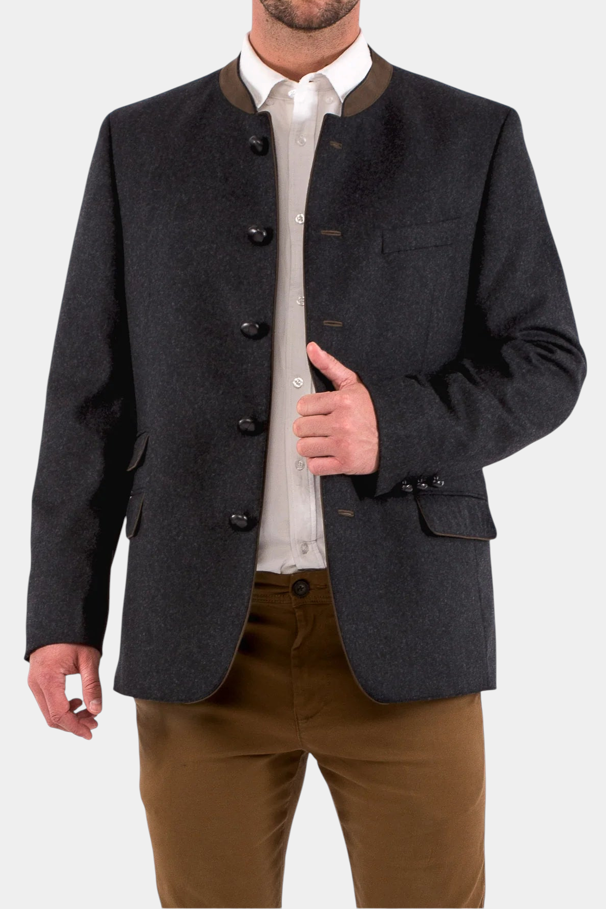 The Copper Shed Edward classic Austrian jacket in dark grey wool with a brown suede mandarin collar and leather buttons