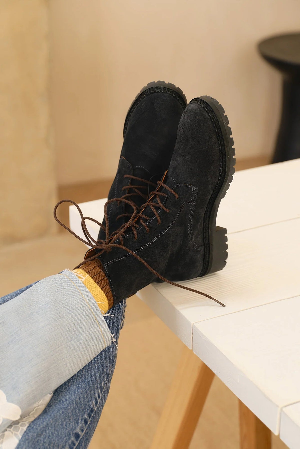 The Copper Shed Bartholomew navy suede lace-up boots with brown laces and a chunky scalloped tread sole.