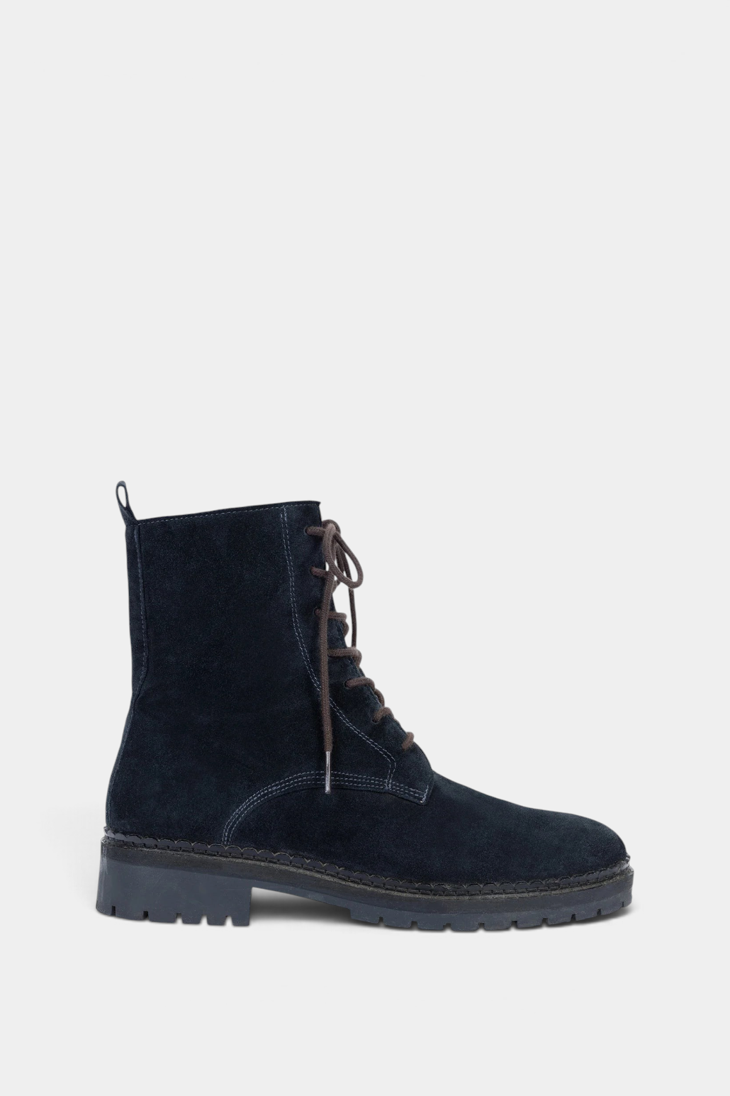 The Copper Shed Bartholomew navy split suede lace-up boot with brown laces and a scalloped rubber tread sole.