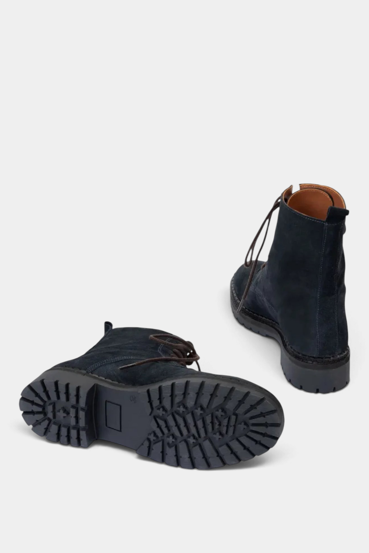 The Copper Shed Bartholomew navy split suede lace-up boots with brown laces and a scalloped rubber tread sole