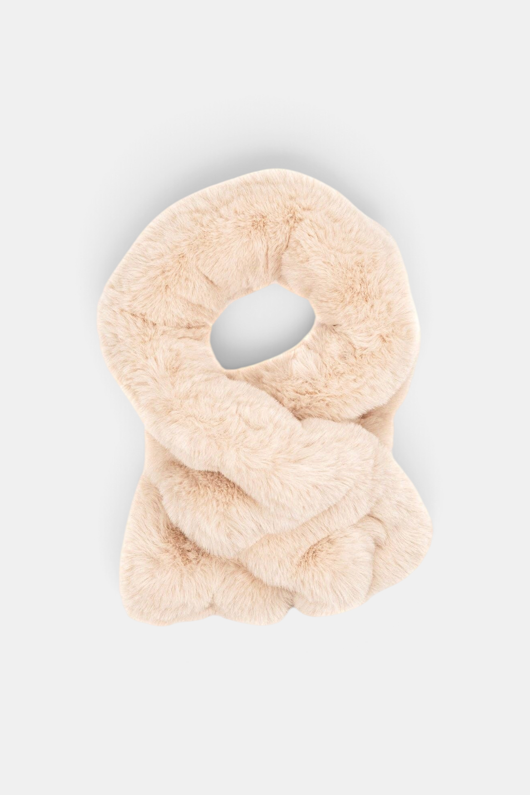 The Copper Shed beige ruffle scarf in ultra-soft cloud faux fur with a stretch-gathered design and elasticated loop.