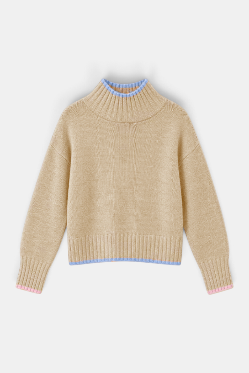 The Copper Shed beige mockneck sweater featuring blue tipping at the neck and hem with pink tipping at the cuffs.
