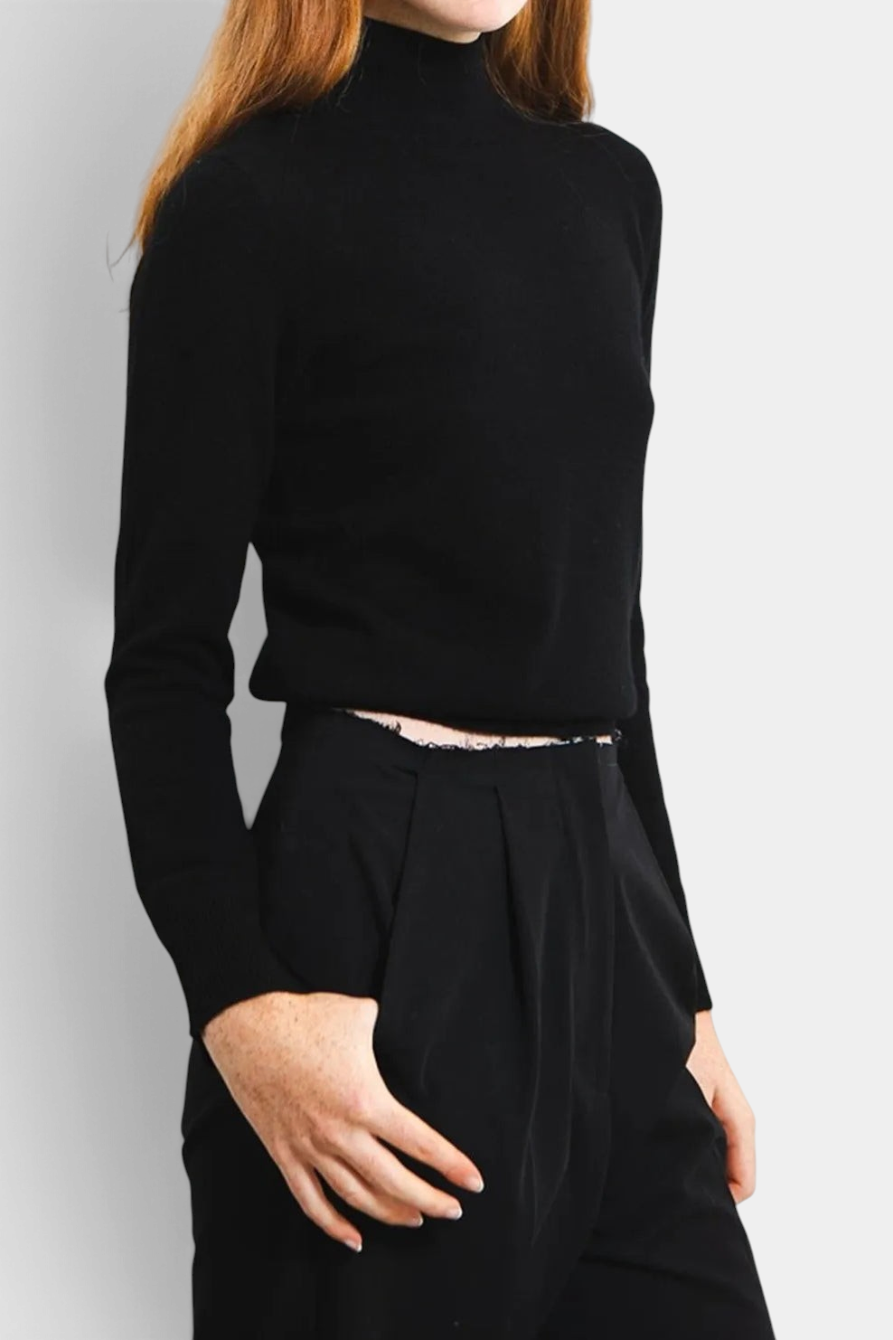 The Copper Shed black long sleeve high neck sweater in soft Mongolian cashmere worn by a model