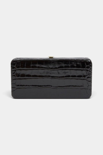 The Copper Shed Le Tabac black crocodile embossed leather clutch with a gold snap closure