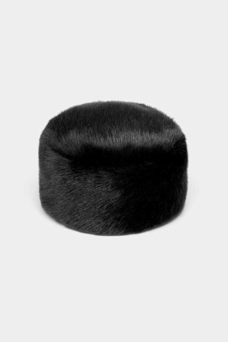 The Copper Shed black faux fur pillbox hat with a soft velboa lining and a classic cylindrical shape.