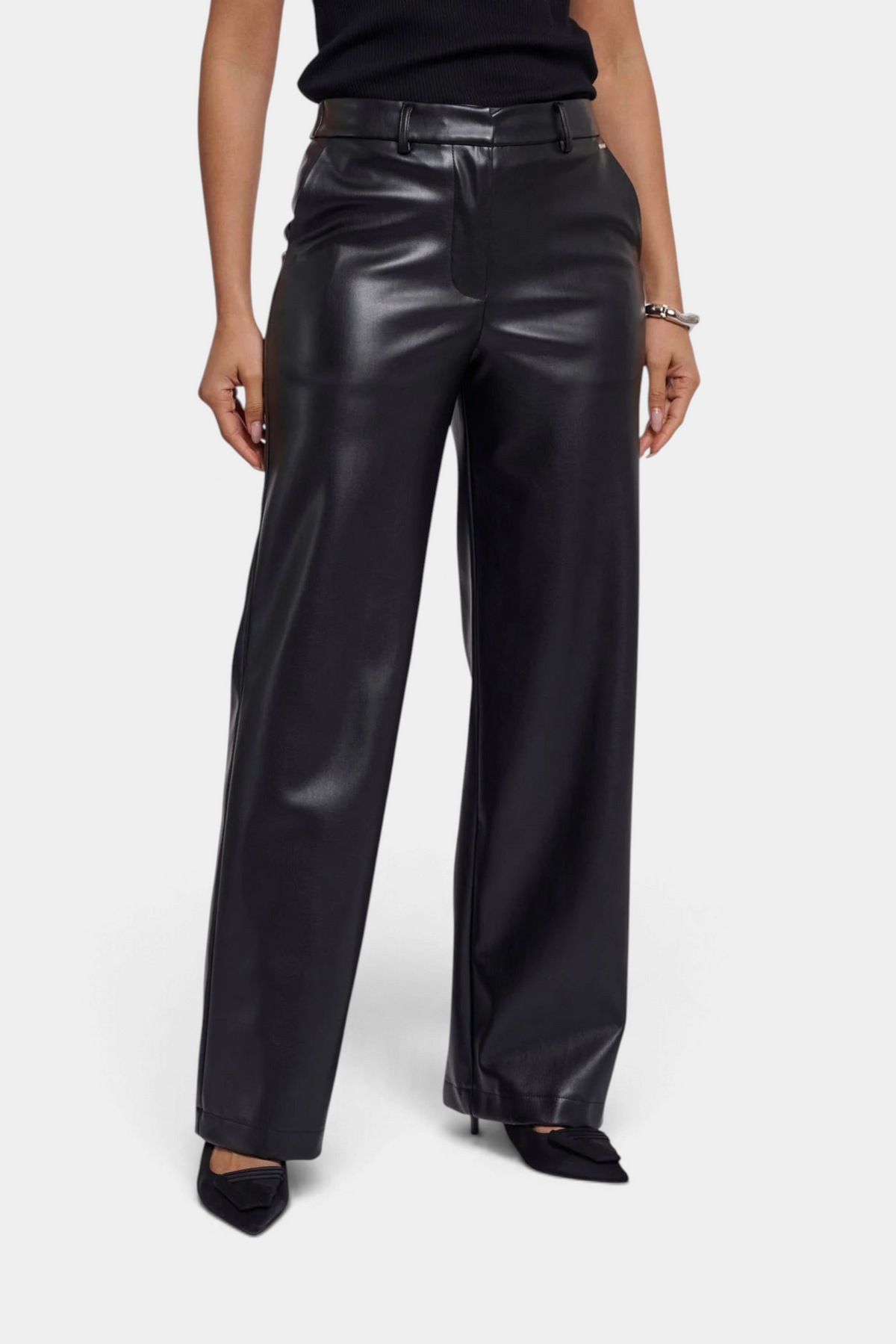 The Copper Shed Georgina black faux leather straight-leg trousers with an elasticated waistband and front pockets.