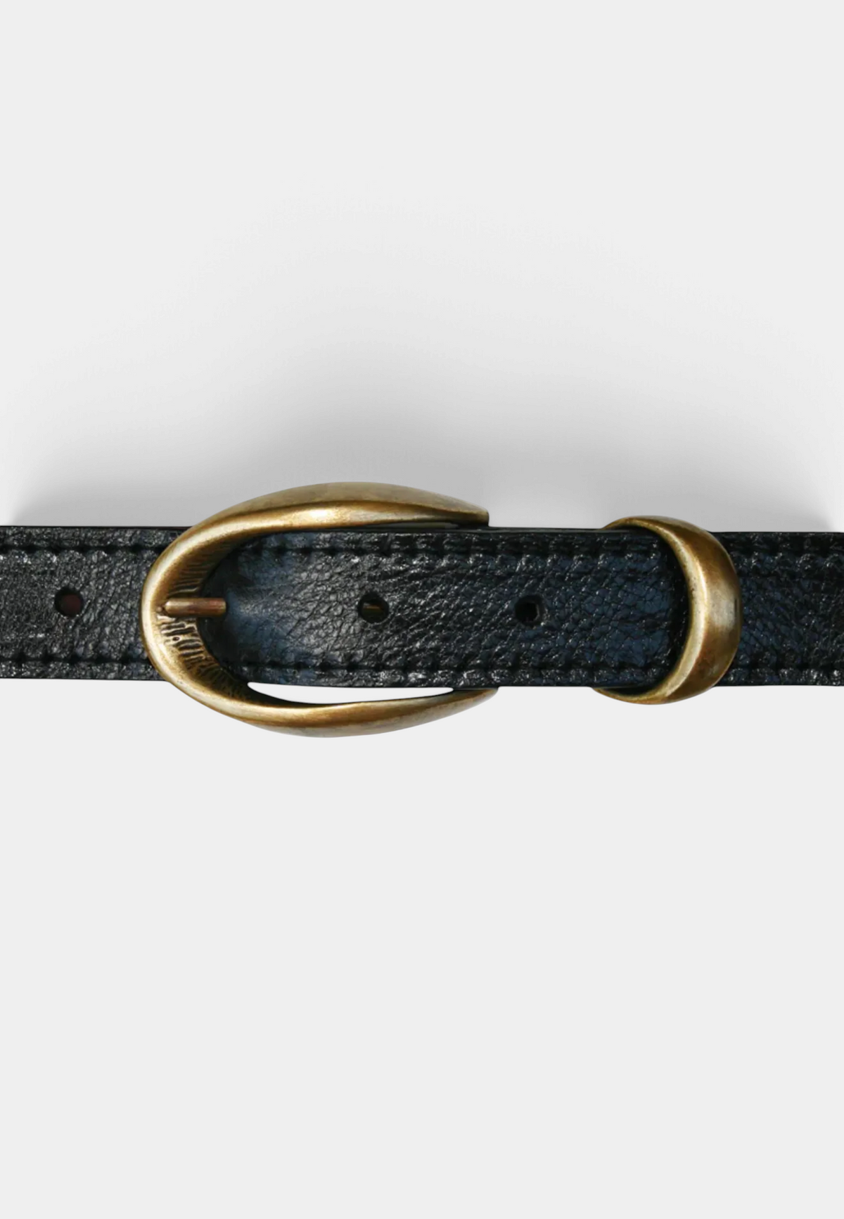 The Copper Shed black pebbled leather belt with an etched antique brass buckle and cast keeper.