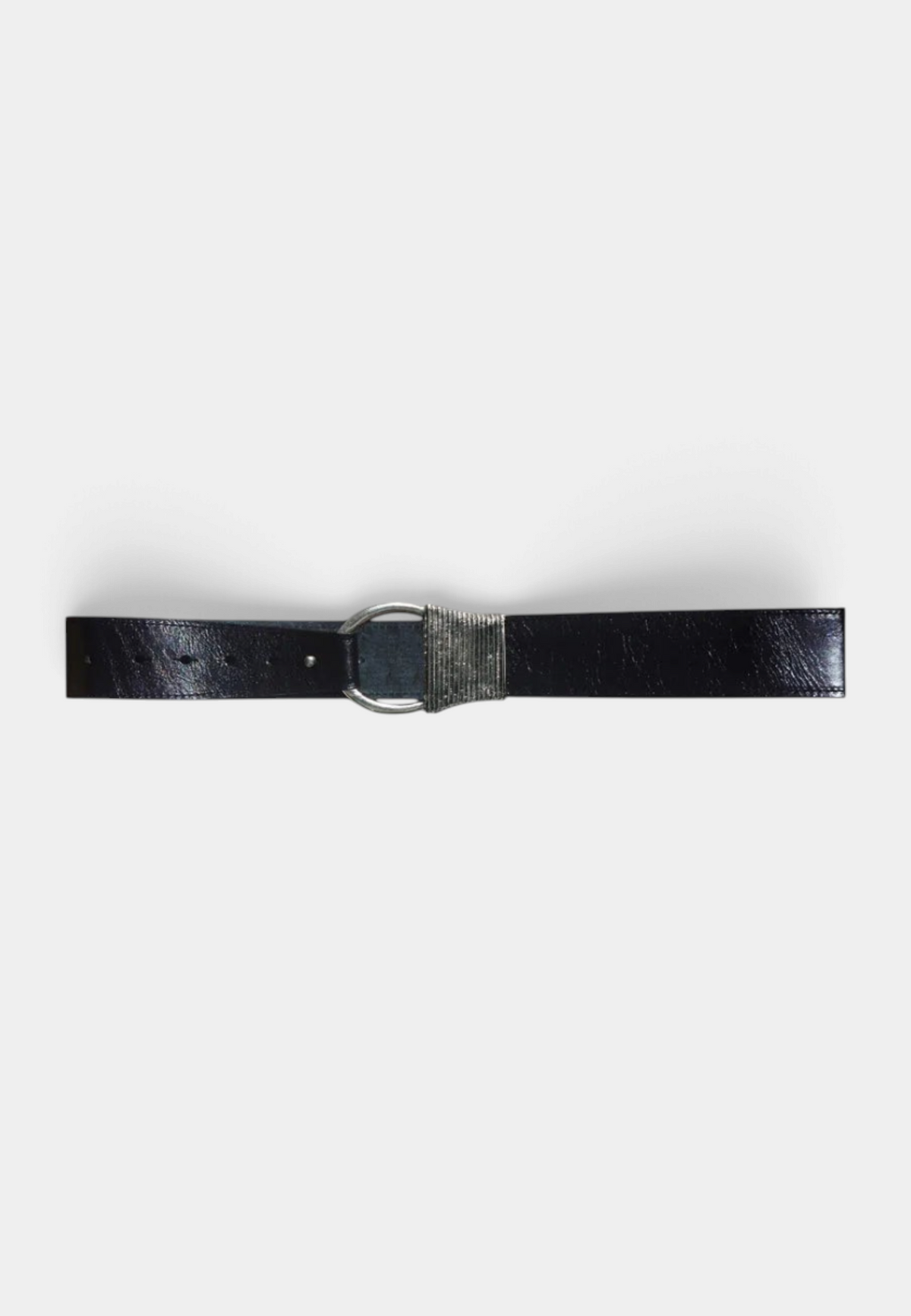 The Copper Shed black leather rope belt featuring a silver circular buckle and textured metal detail