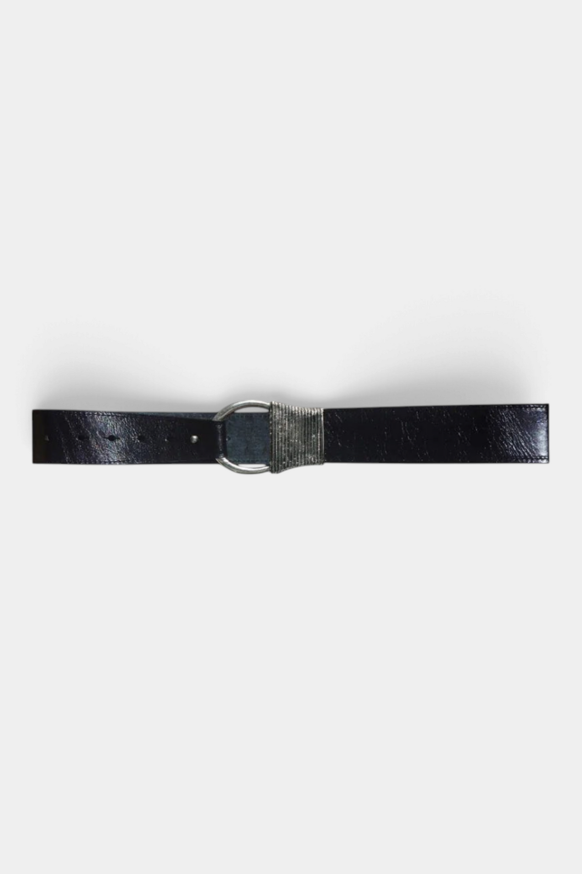 The Copper Shed black leather rope belt featuring a silver circular buckle and textured metal detail