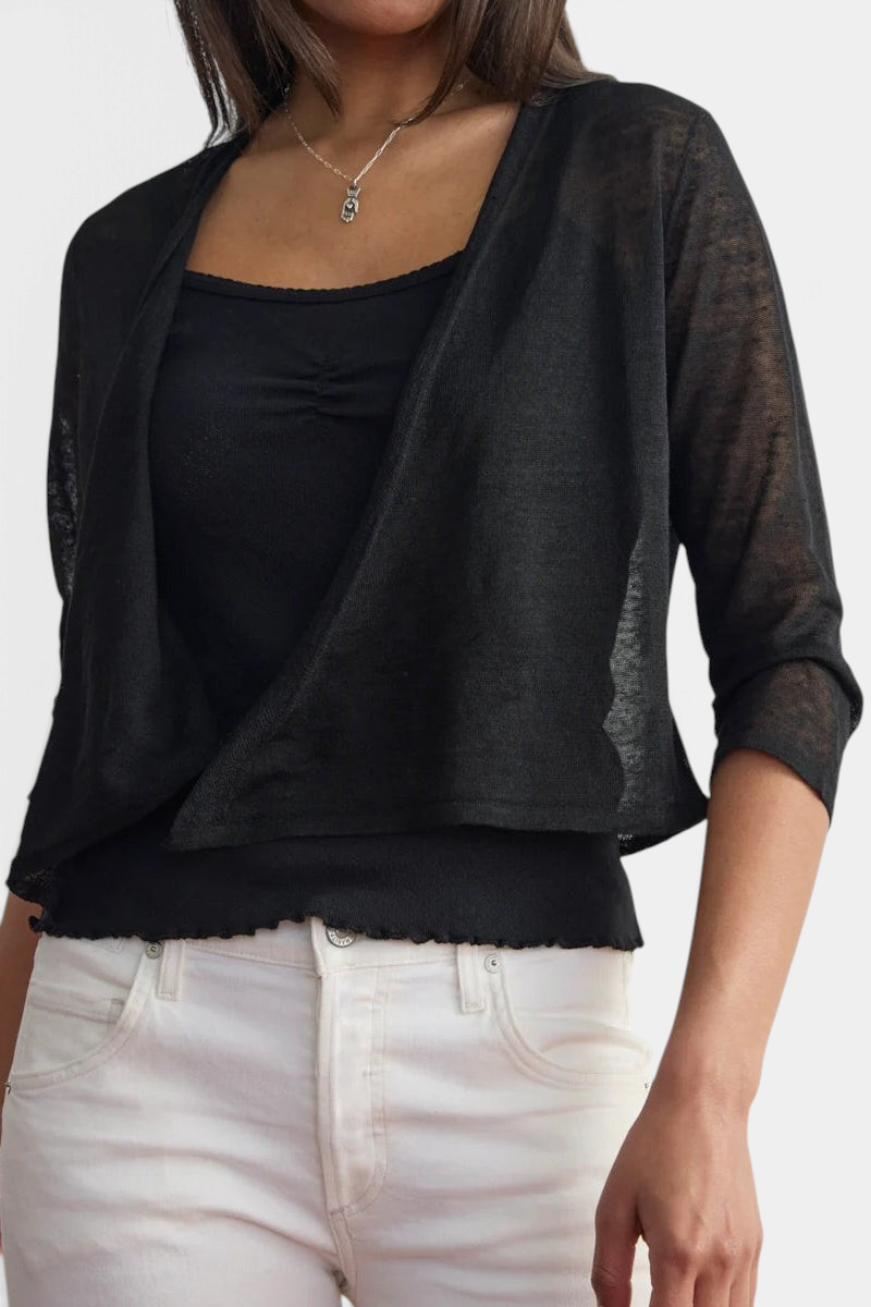 The Copper Shed black linen blend ballet wrap cardigan with long sleeves and a cropped tie-front design.