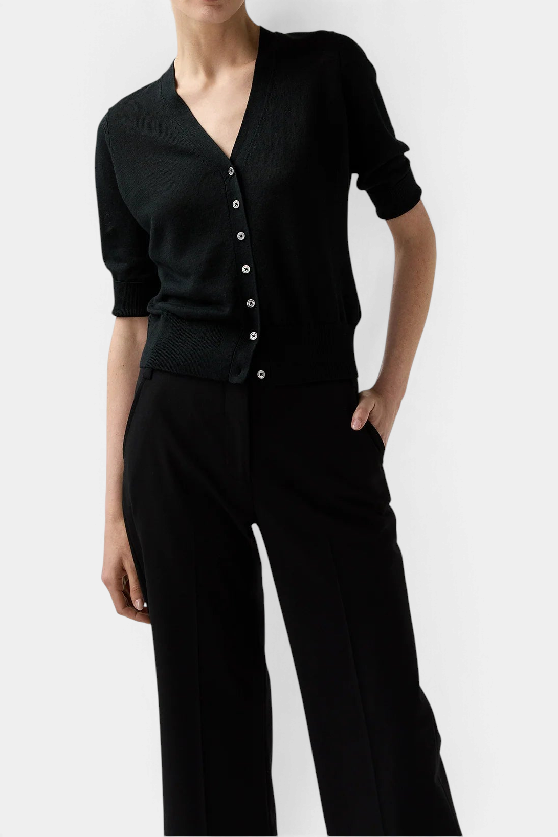 The Copper Shed black short-sleeved Rosie V-neck cardigan in French linen with mother-of-pearl buttons