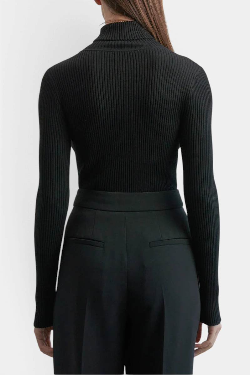 Back view of The Copper Shed Ivy black ribbed turtleneck sweater with long sleeves on a model