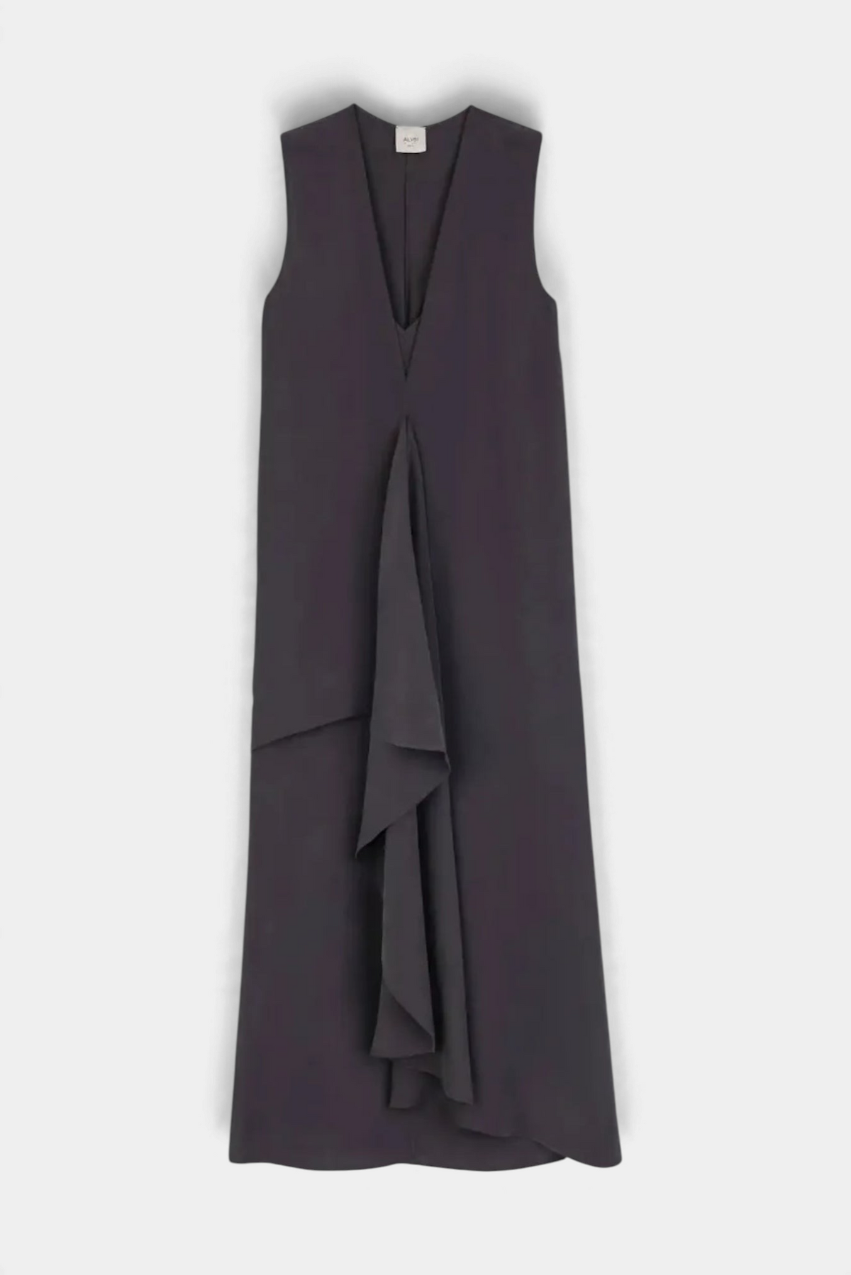 The Copper Shed sleeveless black long dress with a deep V-neck and cascading ruffle detail in a flared silhouette.