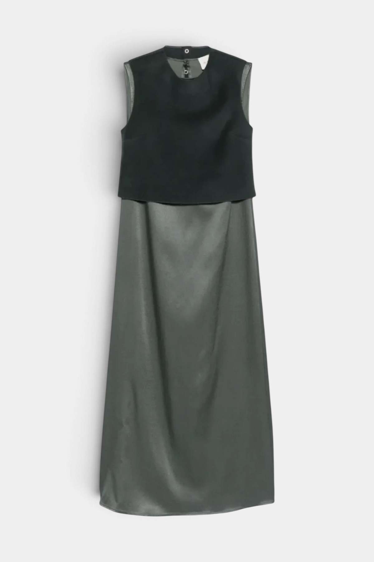 The Copper Shed black sleeveless satin shift dress with a layered bodice and maxi length skirt.