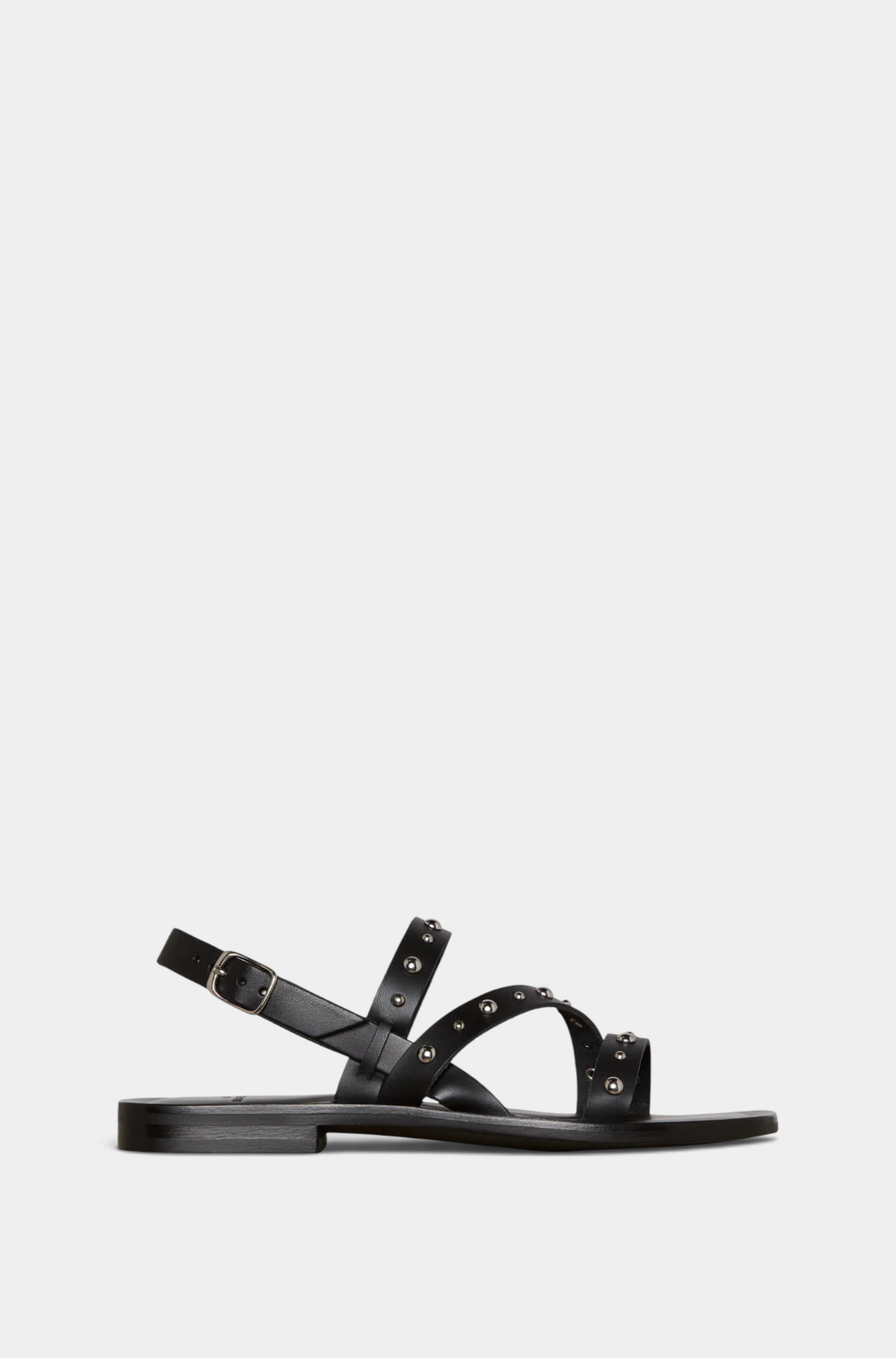 The Copper Shed black Italian calfskin leather strappy sandals with silver studs and a low heel